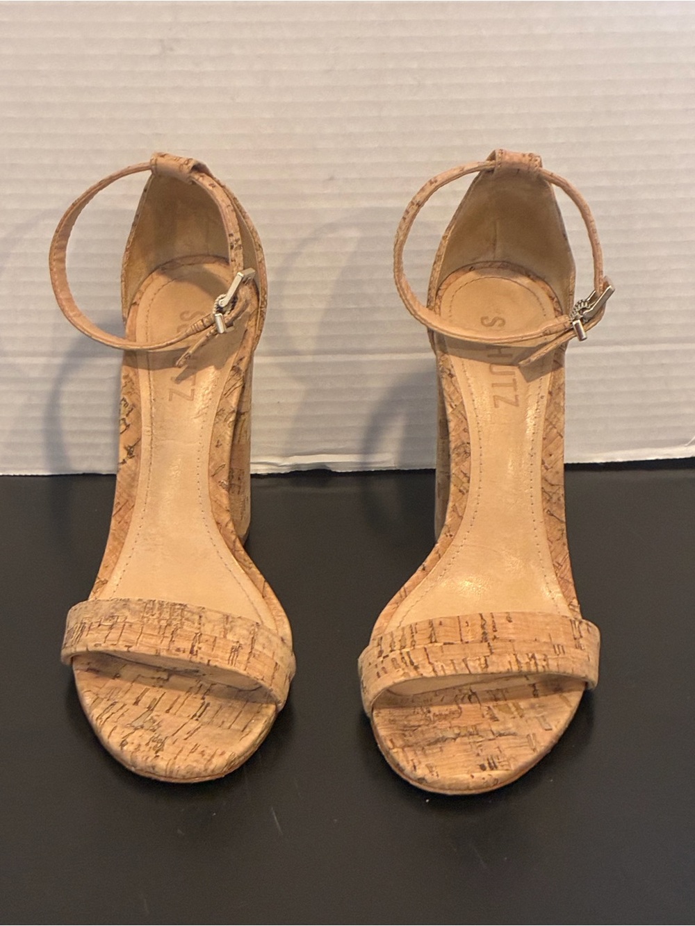 SCHUTZ Natural Cork Ankle-Strap Block Heel Sandals 7.5